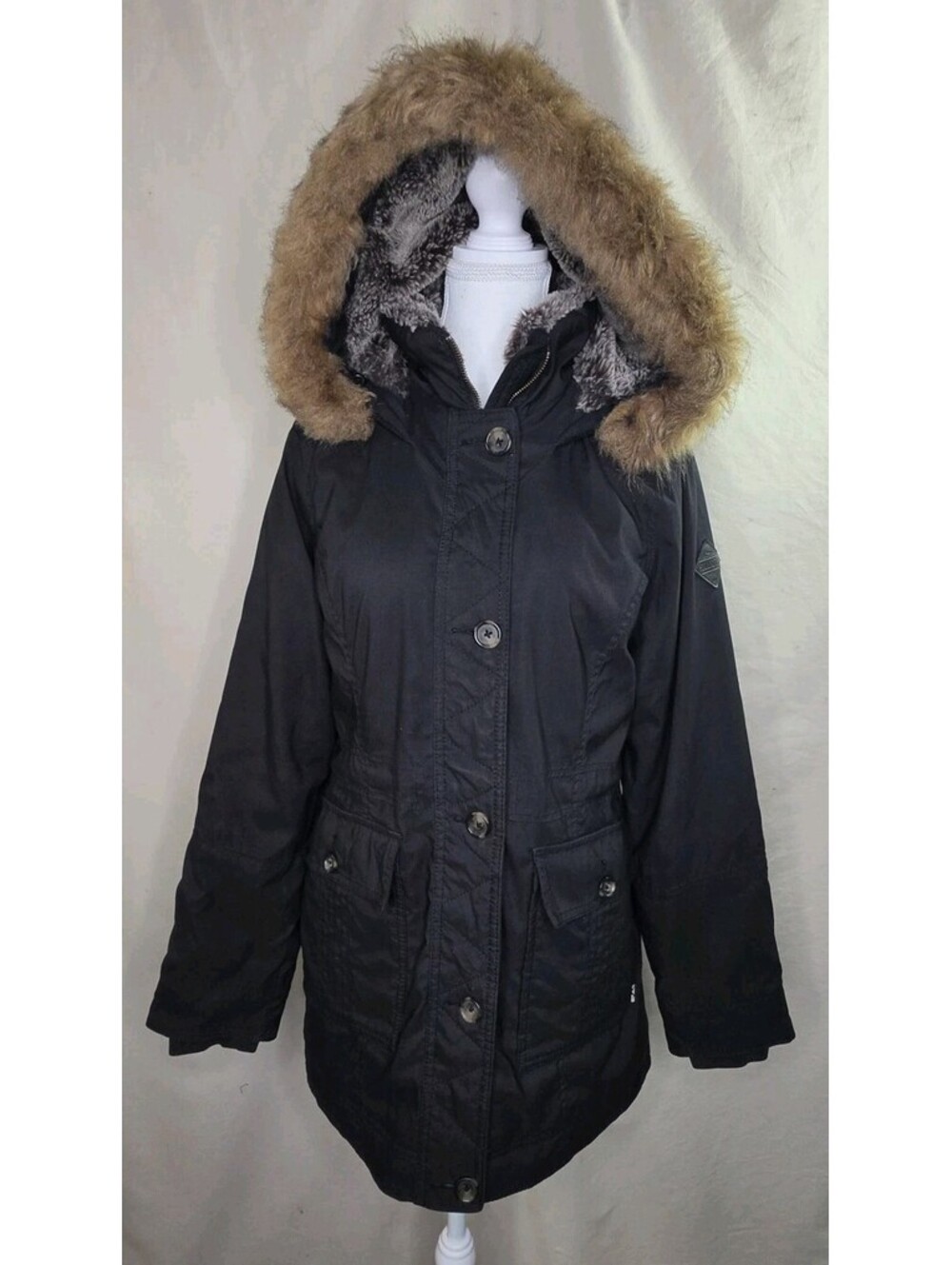Hollister Heritage Parka M Black Faux Fur Hood Recycled Y2K
